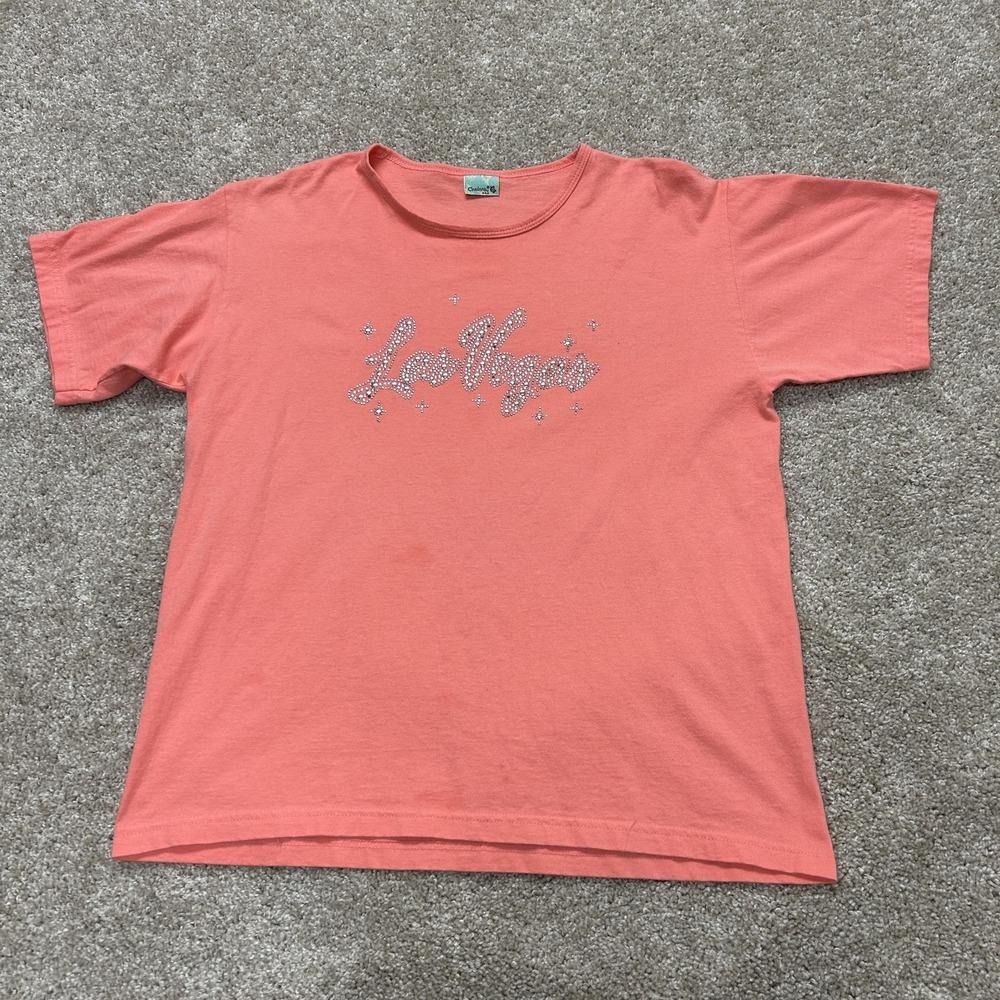 Chelona Shirt Womens Large Pink Las Vegas Rhinestone Graphic Tee T-Shirt USA